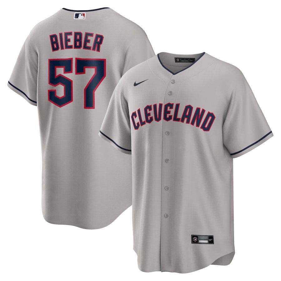 Men Cleveland Guardians #57 Shane Bieber Nike Gray Road Replica Player MLB Jersey